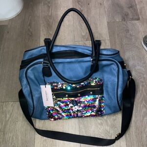 NWT-JUICY COUTURE Denim Print Flip Sequins Pocket Overnight Duffle Bag